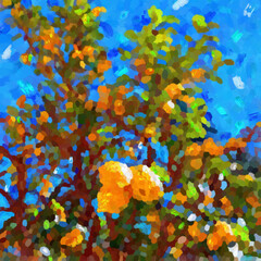 Fototapeta na wymiar Green tree with yellow lemons against the blue sky. Italy, Sicily. Illustration in the style of oil painting, impressionism