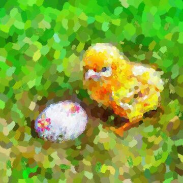Yellow little chick and white chicken egg on green grass on a sunny day. Oil painting style illustration. Happy easter