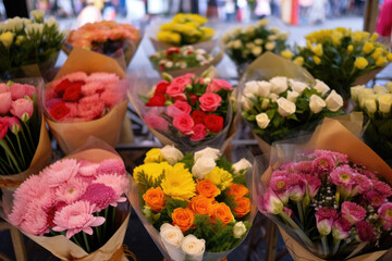 Obraz na płótnie Canvas Assortment of flower bouquets at the market