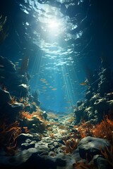 Underwater world with corals and fishes. 3D illustration.