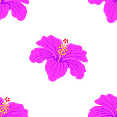 Pink hibiscus flower with petals isolated on white background is in Seamless pattern - vector illustration 