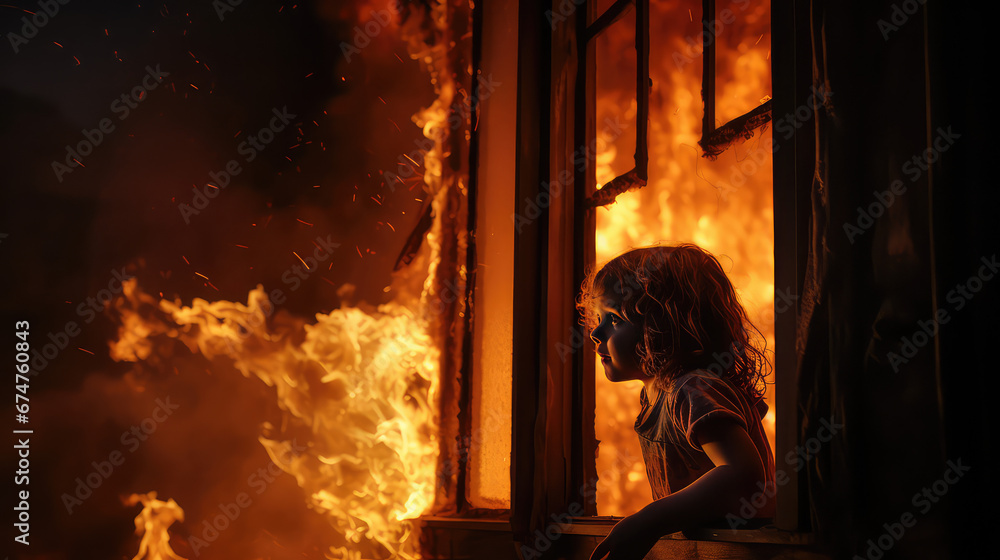 Wall mural frightened child looks out of the window of a burning house. fire danger, war, emergency, residentia