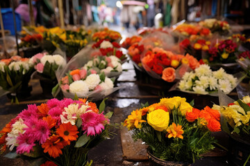 Fototapeta na wymiar Assortment of flower bouquets at the market
