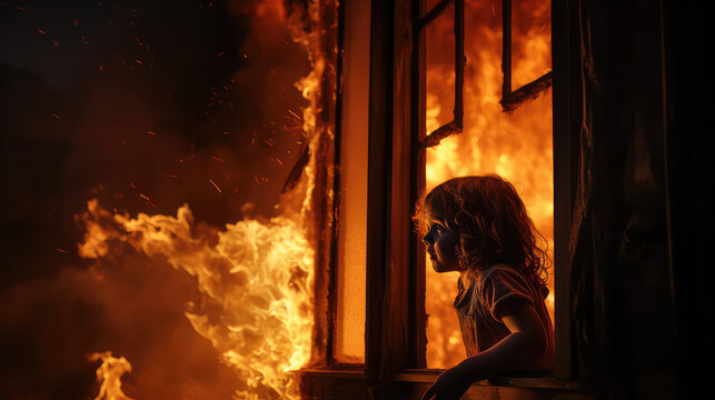 Frightened child looks out of the window of a burning house. Fire danger, war, emergency, residential building on fire.
