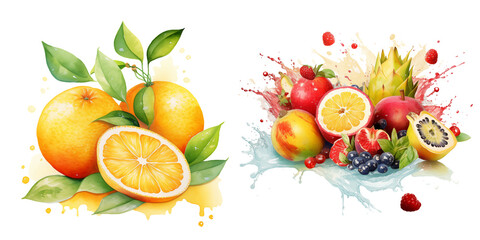 Vibrant Citrus and Berries Splash Watercolor Artwork