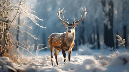 A beautiful deer with large antlers on its head in a picturesque winter forest scenery.