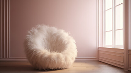 Fototapeta na wymiar Minimalist modern interior with fluffy chair. Generative AI