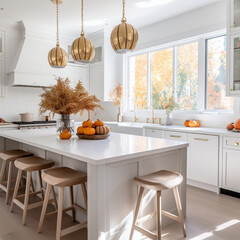 White modern kitchen decorated for fall with orange pumpkins and leavesv
