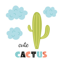cute vector banner, cartoon cactus print with clouds and quote isolated on white, mexican symbol