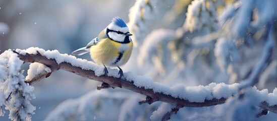 In the midst of winter the snow covered garden became a serene haven for birdwatching where a delightful blue tit fluttered among the trees showcasing the wonders of nature during the day - obrazy, fototapety, plakaty