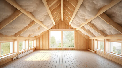 Thermal Safe Attic. Creative concept for insulating the roof of a wooden country house. Protecting Home with Insulation and Eco Friendly Materials.  - obrazy, fototapety, plakaty