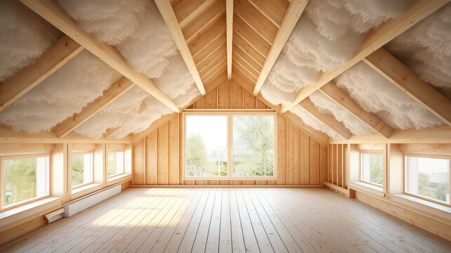Thermal Safe Attic. Creative concept for insulating the roof of a wooden country house. Protecting Home with Insulation and Eco Friendly Materials. 