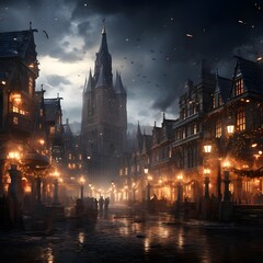 Old Town of Ghent at night, Belgium. Digital painting.