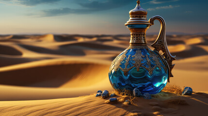 Vintage glass gin lamp stands in the desert sands, copy space. Creative wish fulfillment concept, gin in a bottle, travel dreams. 