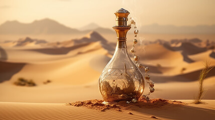 Vintage glass gin lamp stands in the desert sands, copy space. Creative wish fulfillment concept, gin in a bottle, travel dreams. 