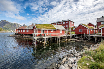 Obraz premium Typical red lofoten huts, so called rorbuer, in the village of Reine. Norway.