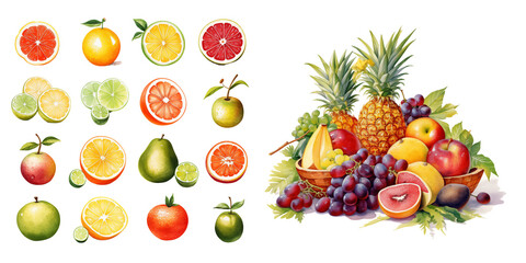 Tropical and Citrus Fruit Collection Watercolor Illustration