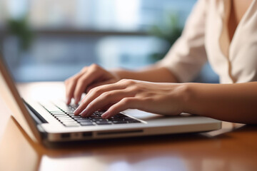 Office Manager Hands Laptop Keypad, Young Professional Typing Work Computer, Contemporary Businessperson Using Laptop. Generative AI.