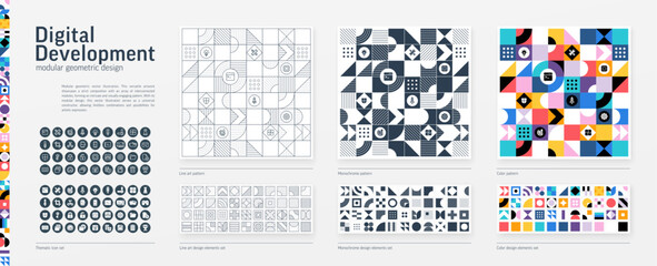 Digital Product Develop Modular Geometric Design. Thin Line, Black, White and Color style Pattern. Application Graphic Elements Set. Program Code Icon. Triangle, Square, Circle Forms. Grid Construct - 674762467