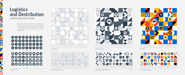 Logistic, Transport Modular Geometric Design. Thin Line, Black, White and Color style Pattern. Distribution Graphic Elements Set. Delivery, Export Icon. Triangle, Square, Circle Forms. Grid Construct