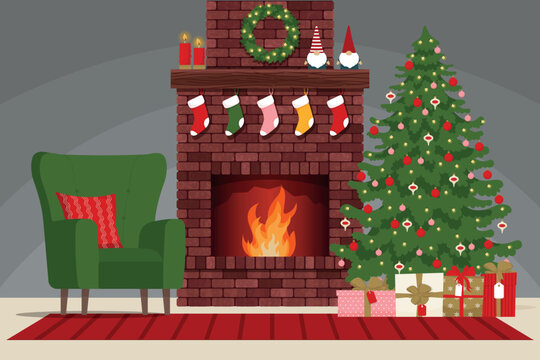 Cozy interior with brick classic fireplace, armchair, and decorated Christmas tree. Vector illustration in flat style