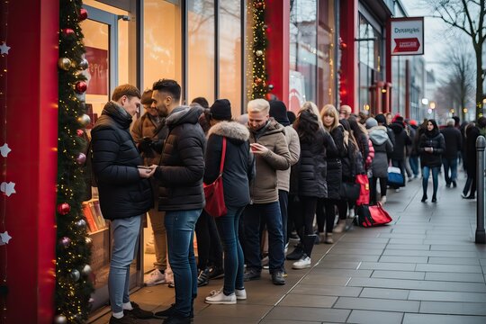 People queue up waiting outside for stores to open for shopping. Sale and discounts, black Friday, shoppers lined up, municipal or other public event