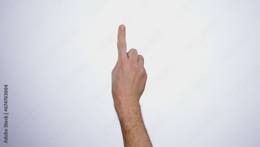 Poster finger, hand and click tablet in studio isolated on a white background mockup space. closeup, touchs