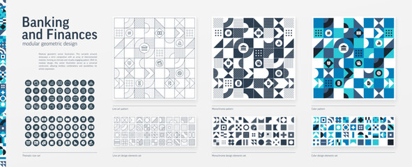 Bank, Finance Modular Geometric Design. Thin Line, Black, White and Color style Pattern. Business Graphic Elements Set. Online Tax Payment, Money Icon. Triangle, Square, Circle Forms. Grid Construct
