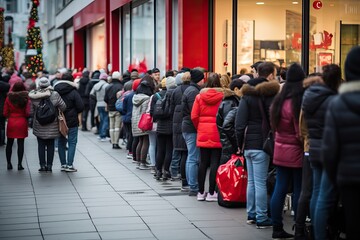 People queue up waiting outside for stores to open for shopping. Sale and discounts, black Friday, shoppers lined up, municipal or other public event
