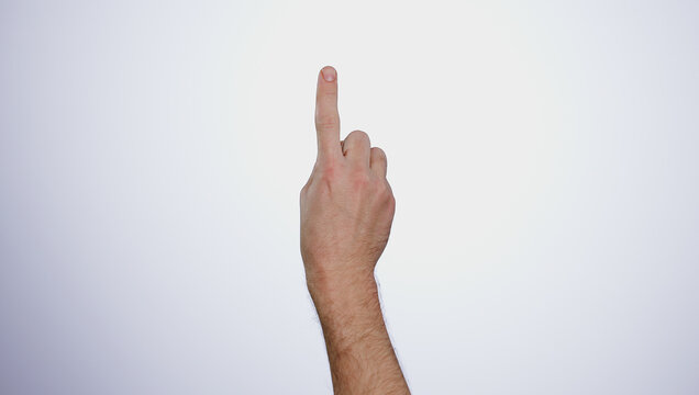 Finger, hand and click tablet in studio isolated on a white background mockup space. Closeup, touchscreen and press, scroll or swipe on digital technology, phone and gesture on mobile internet app.