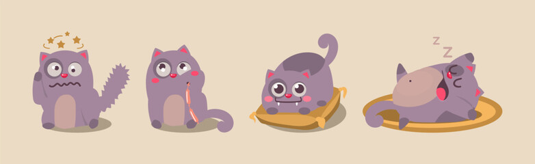 Cute Grey Fat Kitten Engaged in Different Activity Vector Set