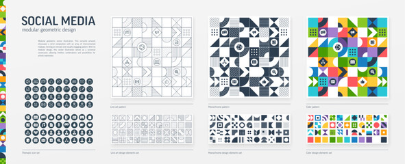 Social Media Modular Geometric Design. Thin Line, Black, White and Color style Pattern. Communication Graphic Elements Set. Web, Network, Market Icon. Triangle, Square, Circle Forms. Grid Construct