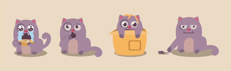 Cute Grey Fat Kitten Engaged in Different Activity Vector Set