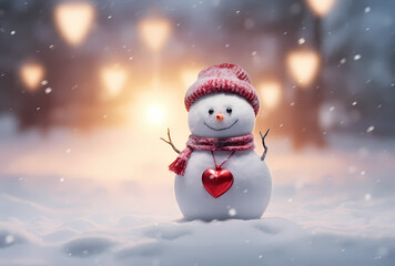 Fototapeta premium a small snowman in the snow holding a heart in his hands, in the style of surreal 3d landscapes