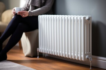 Woman warming herself by radiator