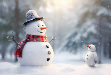 Obraz premium snowman with hat and santa in snowcovered forest, in the style of blurred landscapes