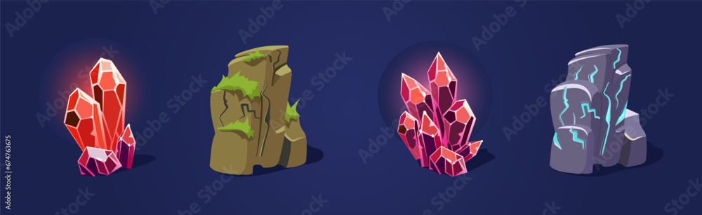 Poster rock and solid stone as game element isolated on blue background vector set