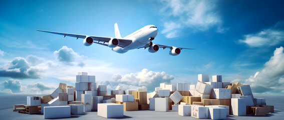 A large airplane is flying above many packages and boxes, symbolizing air cargo, shipment, and...