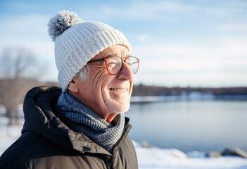A senior Caucasian man in glasses and winter coat looking far a way near wide lake in the morning 