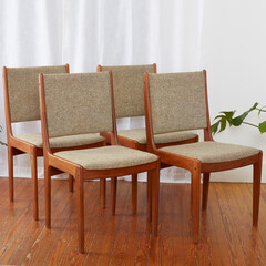 Mid-Century Modern mid-back chairs with woven wool tweed upholstery. Vintage teak furniture....