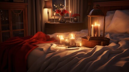 Fototapeta premium Romantic room with candles and rose petals