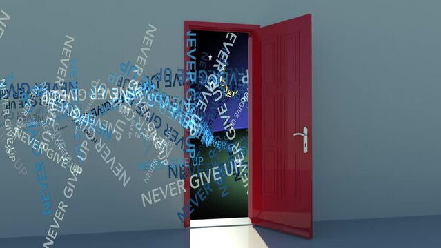 Modellazione 3D di una parete con porta rossa aperta ed animazione di un testo NEVER GIVE UP  