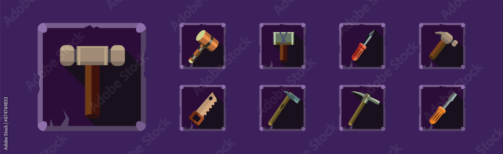 Poster mobile game icon and object with hammer and screwdriver tool vector set