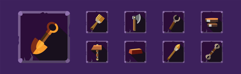 Mobile Game Icon and Object with Shovel, Brush, Axe and Wrench Vector Set