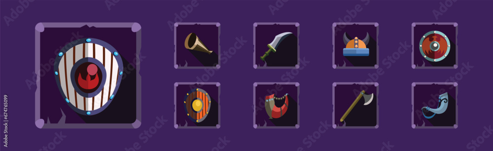 Poster mobile game icon and object with axe, helmet and shield vector set