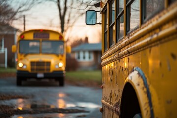Two Yellow School Buses - obrazy, fototapety, plakaty