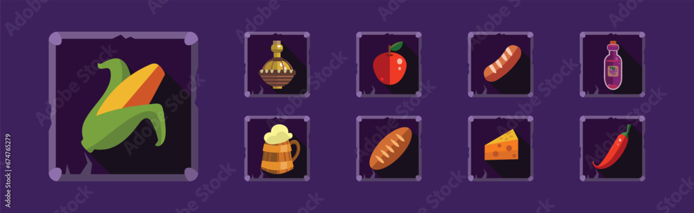 Poster mobile game icon and food object vector set