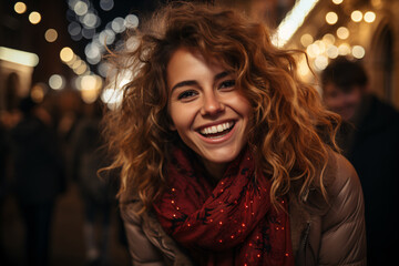 A happy Caucasian blonde woman enjoy night walking on street with contented smile 