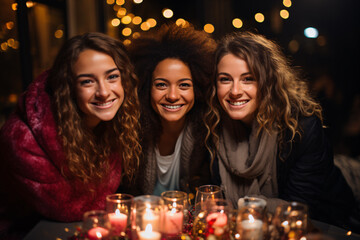 Mix races friends celebrating new year party together with lot of candles lights inside a room, group of female friends enjoy evening party a home