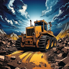 Tractor excavator with background construction site 50's poster style